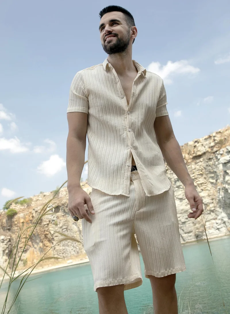 كامبوس سوترا Men's Pale Yellow Self-Design Striped Co-Ord Set For Casual Wear | Spread Collar | Short Sleeve | Button Closure | Co-Ords Crafted With Comfort Fit For Everyday Wear